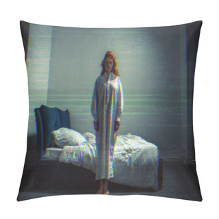 Personality  Creepy Demoniacal Girl In Nightgown Standing In Bedroom With Tv Noise Pillow Covers