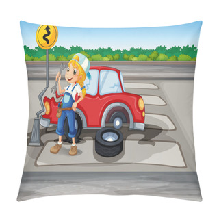 Personality  A Girl Repairing The Red Car At The Pedestrian Lane Pillow Covers