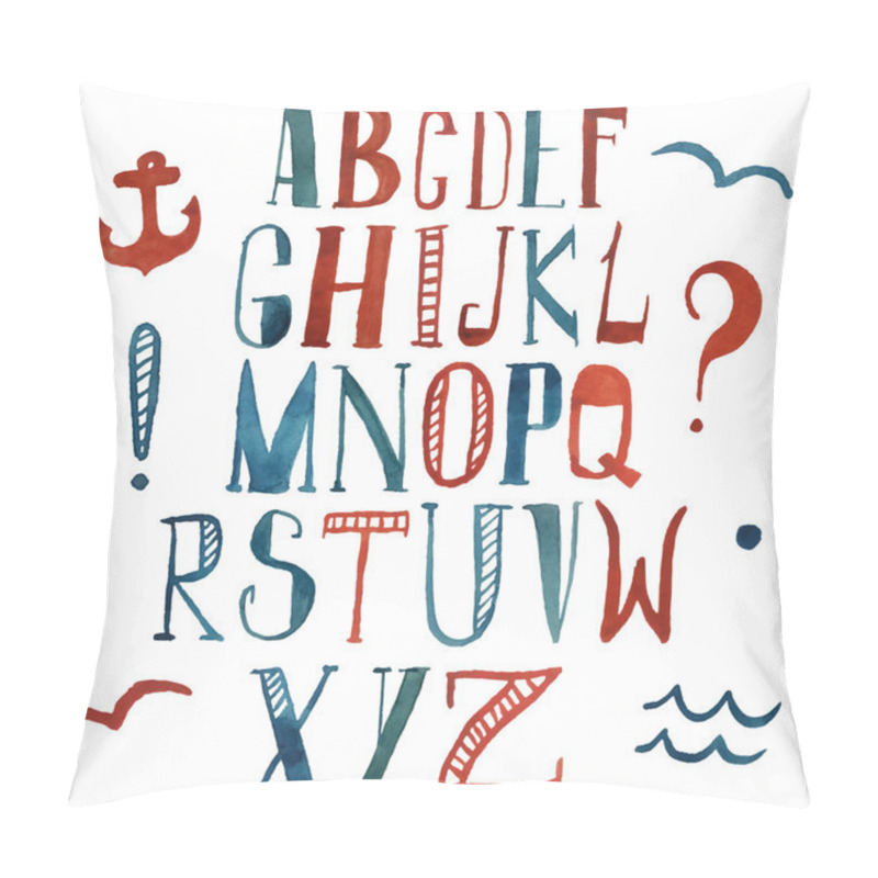 Personality  Vector watercolor alphabet in marine style. Colorful letters. Hand drawn font pillow covers