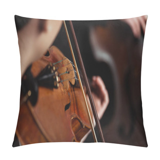 Personality  Cropped View Of Professional Musicians Playing On Musical Instruments On Dark Stage, Selective Focus Pillow Covers