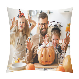 Personality  Bearded Man And Girls With Jack O Lantern Smiling And Gesticulating While Scaring Camera During Halloween Celebration In Kitchen At Hom Pillow Covers