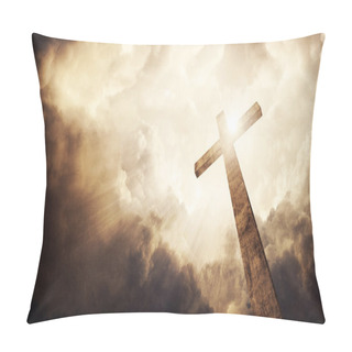 Personality  A Wooden Christian Cross With Bright Sun And Clouds. Pillow Covers