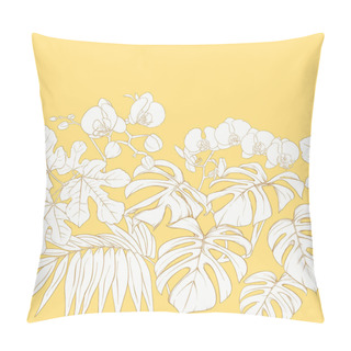 Personality  Tropical Plants And White Orchid Flowers. Seamless Pattern, Background. Outline Drawing Vector Illustration.  On Soft Yellow Background. Pillow Covers