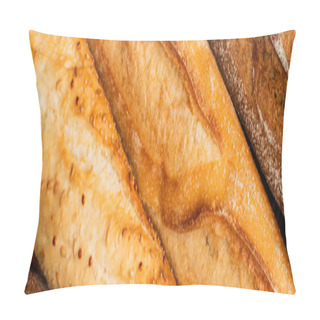 Personality  Close Up View Of Fresh Baked Baguette Loaves, Panoramic Shot Pillow Covers