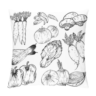 Personality  Set Of Hand Drawn Vegetables, Organic Herbs And Spices, Healthy Food Drawings Set. Vector Illustration. Pillow Covers