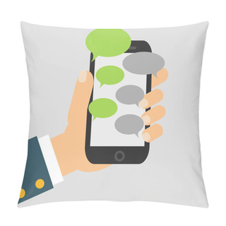 Personality  Hand Holing Black Smartphone Similar To Iphon With Blank Speech Bubbles For Text. Text Messaging Flat Design Concept. Vector Illustration Pillow Covers