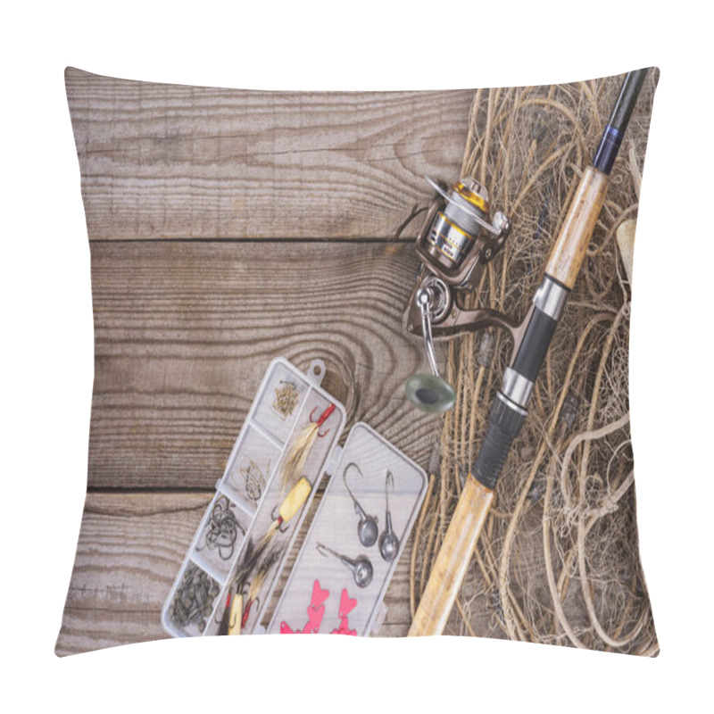 Personality  Flat Lay With Fishing Net, Fishing Rod And Plastic Box With Fishing Tackle And Hooks On Wooden Planks  Pillow Covers