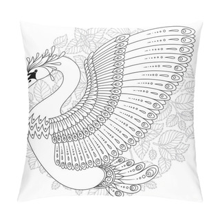 Personality  Hand Drawing Artistic Swan For Adult Coloring Pages In Doodle, Zentangle Tribal Style, Ethnic Ornamental Patterned Tattoo, Logo, T-shirt Or Prints. Bird Vector Illustration. Pillow Covers