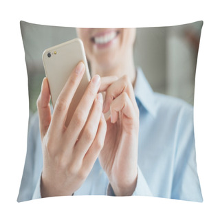 Personality  Woman Using A Smartphone And Leaning On A Window Pillow Covers