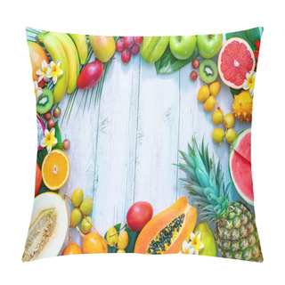Personality  Assortment Of Tropical Fruits With Palm Leaves And Exotic Flowers. Top View Pillow Covers