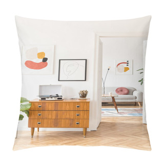 Personality  Elegant And Retro Decor Of Living Room With Design Commode, Coffee Table Vinyl Recorder, Cacti And Mock Up Posters Frames On The White Walls. Large Space With Brown Wooden Parquet And Plants. Pillow Covers