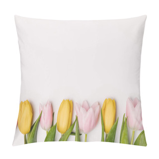 Personality  Flat Lay With Pink And Yellow Tulips Isolated On White Pillow Covers