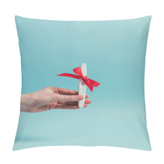 Personality  Cropped Shot Of Woman Holding Pregnancy Test With Ribbon Isolated On Blue Pillow Covers