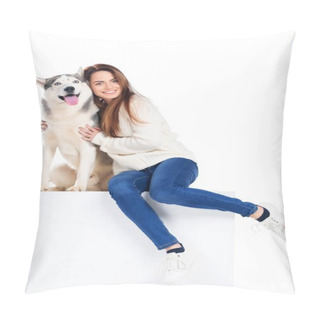 Personality  Beautiful Cheerful Girl Hugging Husky Dog, Isolated On White Pillow Covers