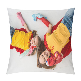 Personality  Top View Of Cheerful Mother And Kid In Red Capes And Rubber Gloves With Sprays  Pillow Covers