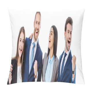Personality  Happy Multicultural Business People In Suits Laughing And Showing Yes Gestures Isolated On White, Panoramic Shot Pillow Covers