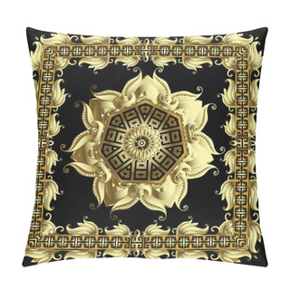 Personality  Greek Round Gold 3d Vector Mandala Pattern With Square Floral Frame. Tribal Ethnic Style Decorative Background. Geometric Greek Key Meanders Golden Ornament. Vintage Paisley Flowers, Shapes, Frames. Pillow Covers