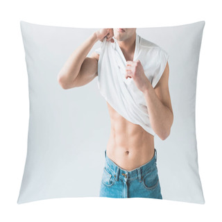 Personality  Cropped View Of Man Taking Off White T-shirt And Standing On White  Pillow Covers