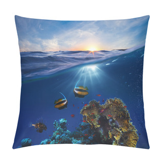 Personality  Marine Life Design Template Beautiful Coral Reef With Fishes Underwater Sunset Skylight Splitted By Waterline Pillow Covers