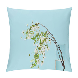 Personality  Close-up Shot Of Branches Of White Cherry Flowers In Vase Isolated On Blue Pillow Covers