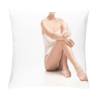 Personality  Cropped View Of Barefoot Young Woman In Bodysuit Sitting On White Pillow Covers