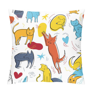 Personality Seamless Vector Pattern With Cute Color Cats And Dogs In Different Poses And Emotions Pillow Covers