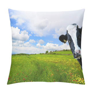Personality  Witty Cow, Dairy Cow With Prairie As Background Pillow Covers