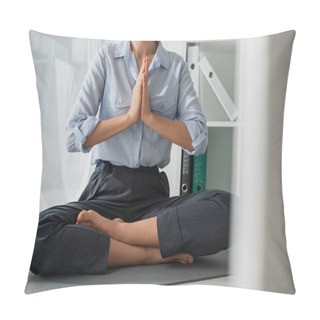 Personality  Cropped View Of Businesswoman Practicing Yoga In Lotus Position With Namaste Gesture On Mat In Office  Pillow Covers