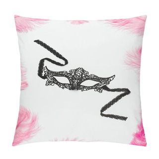 Personality  Black Lacy Mask With Pink Feathers Isolated On White Pillow Covers