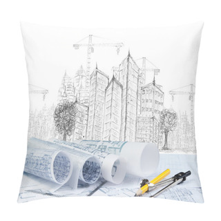 Personality  Sketching Of Modern Building Construction And Plan Document Pillow Covers