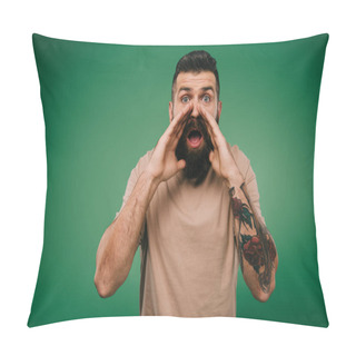 Personality  Handsome Tattooed Man Shouting Isolated On Green Pillow Covers