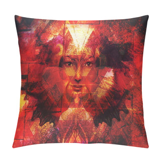 Personality  Beautiful Painting Goddess Woman With Bird Phoenix On Your Face With Ornamental Mandala And Butterfly Wings And Color Abstract Background  And Eye Contact. Pillow Covers