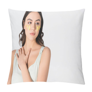 Personality  Young Brunette Woman With Yellow Petals On Face Isolated On White Pillow Covers