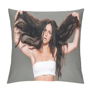 Personality  Brunette Beautiful Woman Holding Wavy Hair Isolated On Grey Pillow Covers
