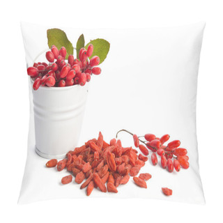 Personality  Metal Bucket With Berberries Near Heap Of Goji Berries  Isolated Pillow Covers