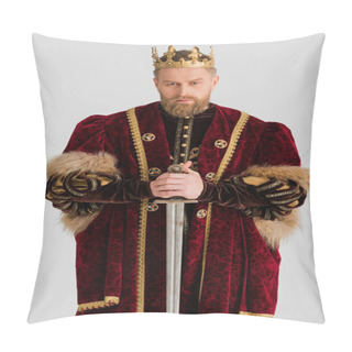 Personality  Serious King With Crown Holding Sword Isolated On Grey Pillow Covers