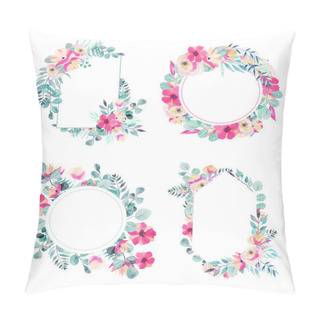 Personality  Set Of Watercolor Spring Floral Frames And Borders Of Pink Flowers, Wildflowers, Green Leaves, Branches And Eucalyptus;  Hand Painted Isolated Illustrations On A White Background Pillow Covers