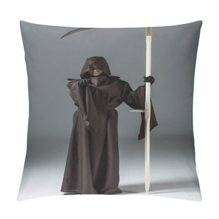Personality  Full Length View Of Woman In Death Costume Holding Scythe And Pointing With Finger On Grey Pillow Covers