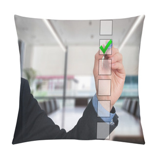 Personality  Businessman Ticks Off In In A Square. Task List Concept. Isolated On Grey Background. Pillow Covers