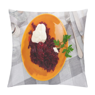 Personality  Portion Of Salad Made Of Boiled And Grated Beetroot Served On Table With Sour Cream. Pillow Covers