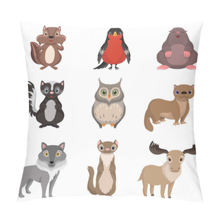 Personality  Cute Forest Animals And Birds Set, Chipmunk, Bullfinch, Mole, Cheerful, Owl, Polecat, Raccoon, Deer, Wolf Cartoon Characters Vector Illustration Pillow Covers