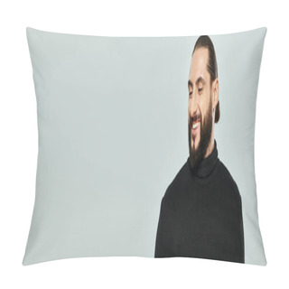 Personality  Portrait Of Good Looking Arabic Man With Beard Posing In Turtleneck And Smiling On Grey, Banner Pillow Covers