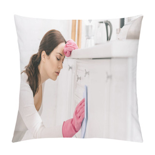 Personality  Tired Housewife With Closed Eyes Washing Kitchen Furniture With Rag Pillow Covers