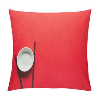Personality  Top View Of Arranged Chopsticks And Empty Bowl On Red Backdrop Pillow Covers