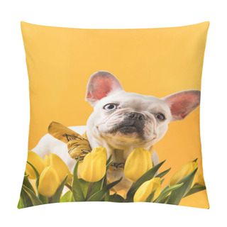 Personality  French Bulldog Dog And Beautiful Yellow Tulips Isolated On Yellow  Pillow Covers