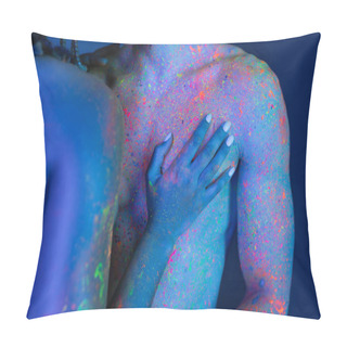 Personality  Partial View Of Young And Passionate African American Woman Touching Bare-chested Man With Muscular Body While Standing On Blue Background With Cyan Lighting  Pillow Covers