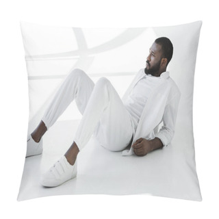 Personality  Handsome Stylish African American Man In White Clothes Lying On White Pillow Covers