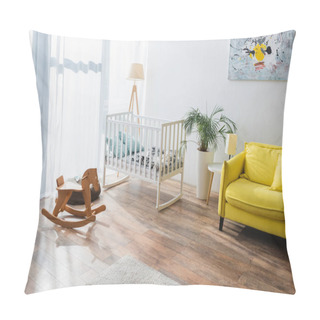 Personality  Spacious Room With Yellow Sofa, Baby Crib And Rocking Horse Pillow Covers