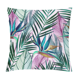 Personality  Watercolor Tropical Seamless Pattern With Bird-of-paradise Flower, Palm Leaves. Exotic Flowers, Leaves On Light Background. Hand Painted Natural Illustration Pillow Covers
