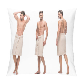 Personality  Collage Of Handsome Young Man Wrapped Lower Body With Towel, Upper Body Without Clothes Isolated On White Pillow Covers